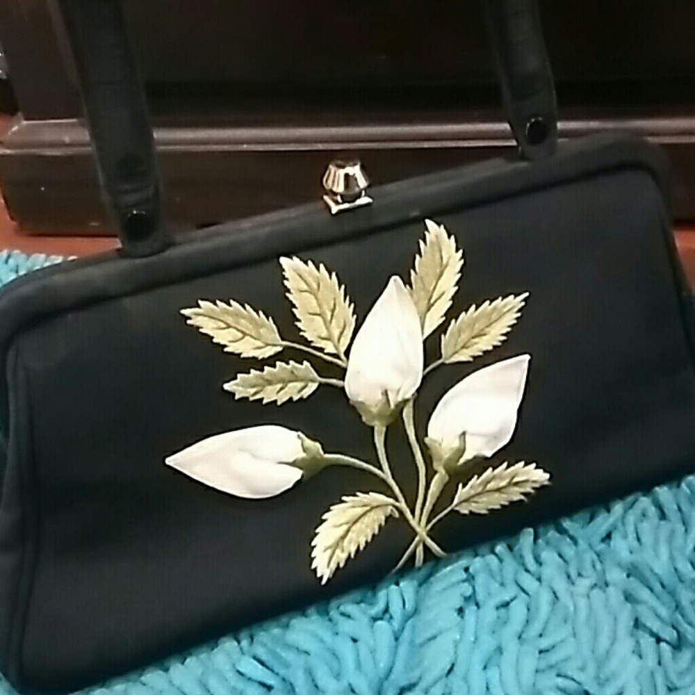 Isabella Fiore Black Shoulder Bag with White Floral Appliqué and Gold Leaves